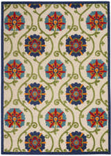 Close-up of Nourison Aloha Blue Multicolor rug featuring a floral and vine pattern on a cream background.