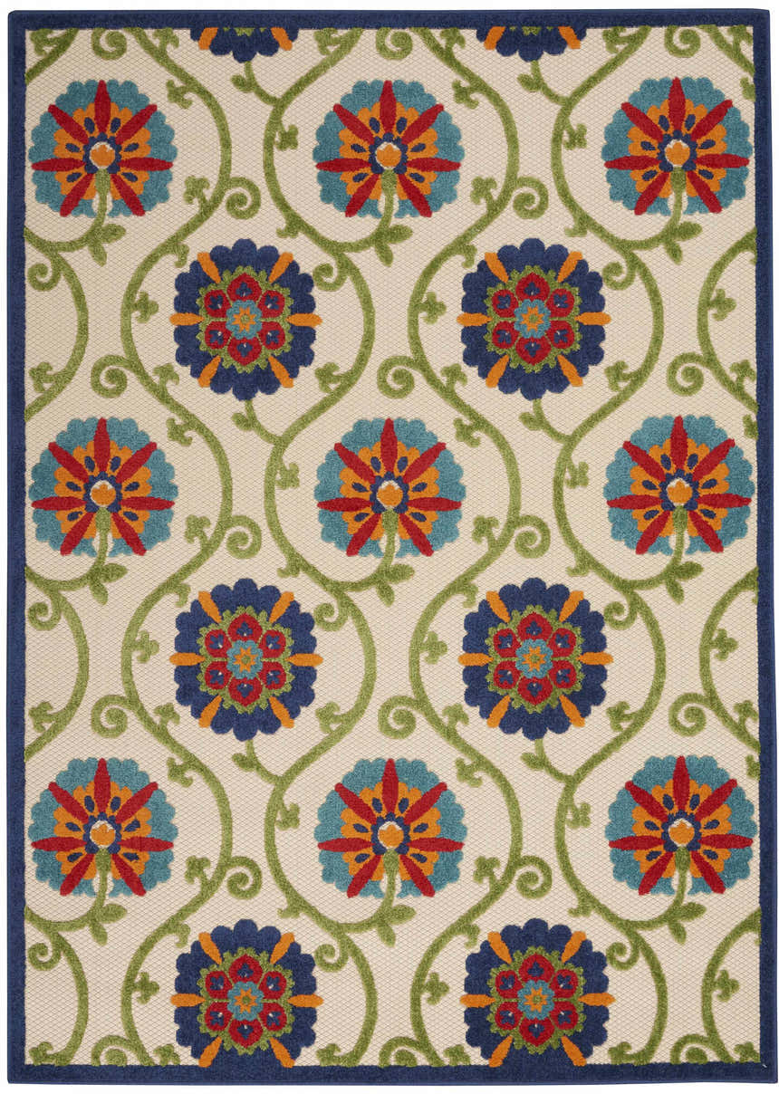 Close-up of Nourison Aloha Blue Multicolor rug featuring a floral and vine pattern on a cream background.