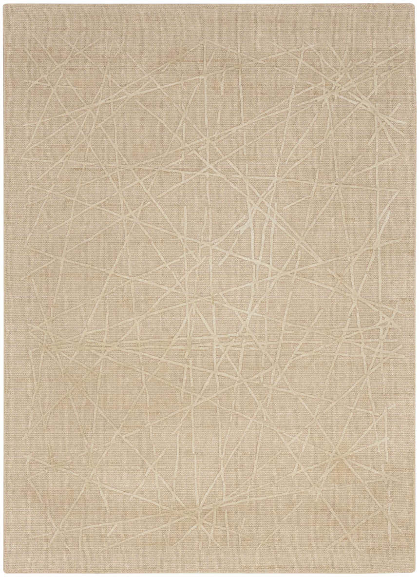 Close-up of Calvin Klein CK044 Wander Natural rug. Wool and rayon blend with a modern, abstract line design. Neutral tones.