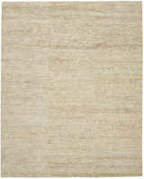 Close-up of Calvin Klein Mesa Gypsum Rug. Neutral, textured weave with subtle horizontal striations. Handmade rayon and cotton rug.