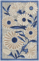 Close-up of the Nourison Aloha Blue Grey Outdoor Area Rug featuring a floral pattern with blue leaves and a blue border.