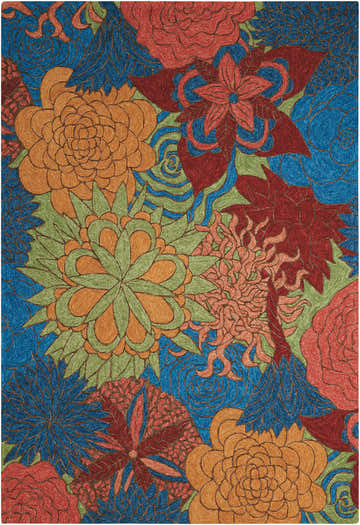 Detailed floral pattern of the Nourison South Beach Deep Sea Area Rug in blue, red, orange, and green.