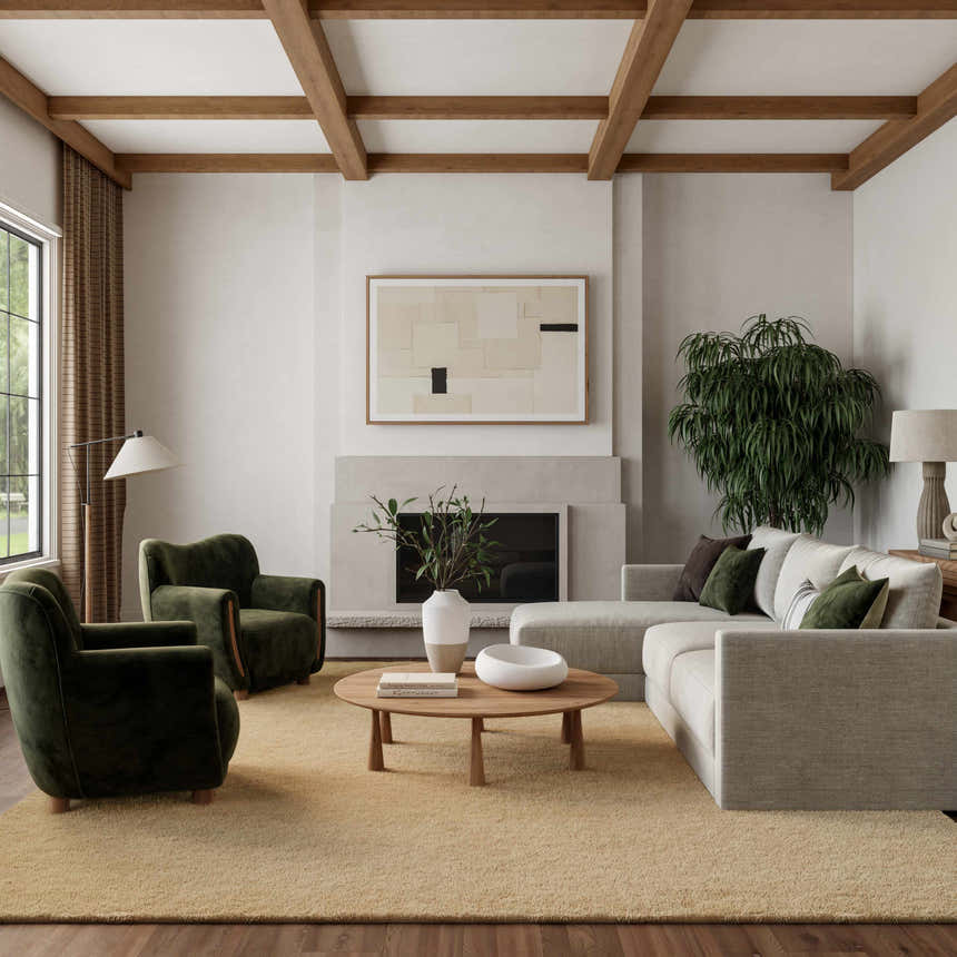 Living room scene with a Nourison Plush Cloud Camel rug, gray sofa, green chairs, and wood accents.