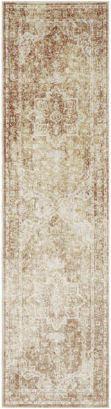 Close-up of Nourison Astra Rust Vintage rug. Machine-made runner rug with distressed rust and beige pattern.