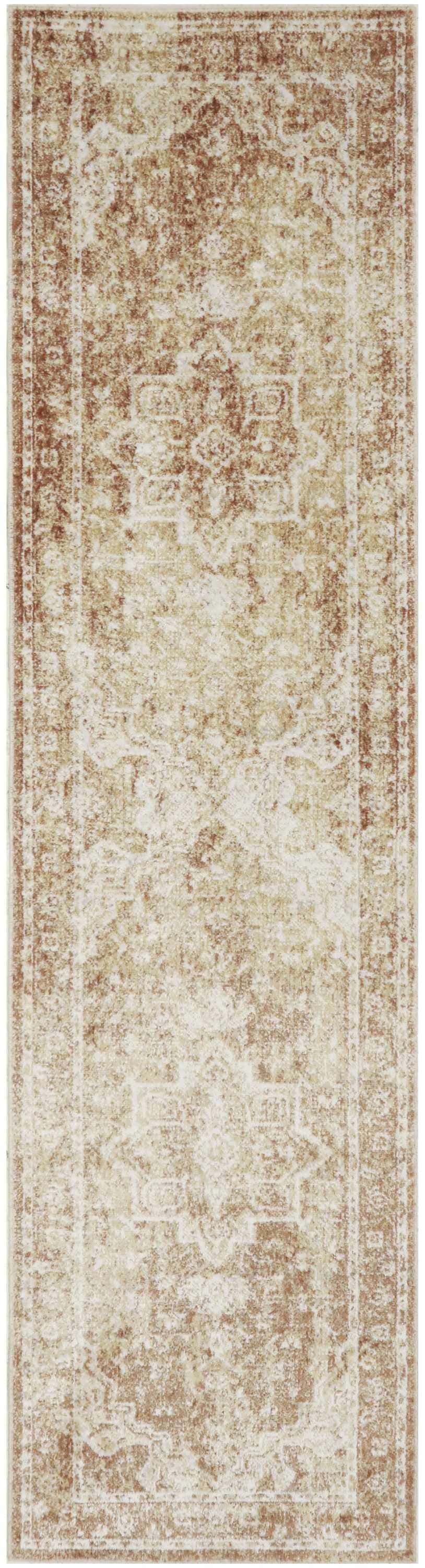 Close-up of Nourison Astra Rust Vintage rug. Machine-made runner rug with distressed rust and beige pattern.