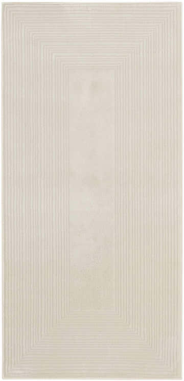 Close-up of Calvin Klein CK024 Irradiant Ivory rug. Modern design with chestnut linear texture and a smooth center panel.