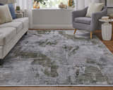 Living room with gray sofa and chair featuring Feizy Cadiz Modern Ikat rug in gray, green, and silver. Roomscene-Rectangle