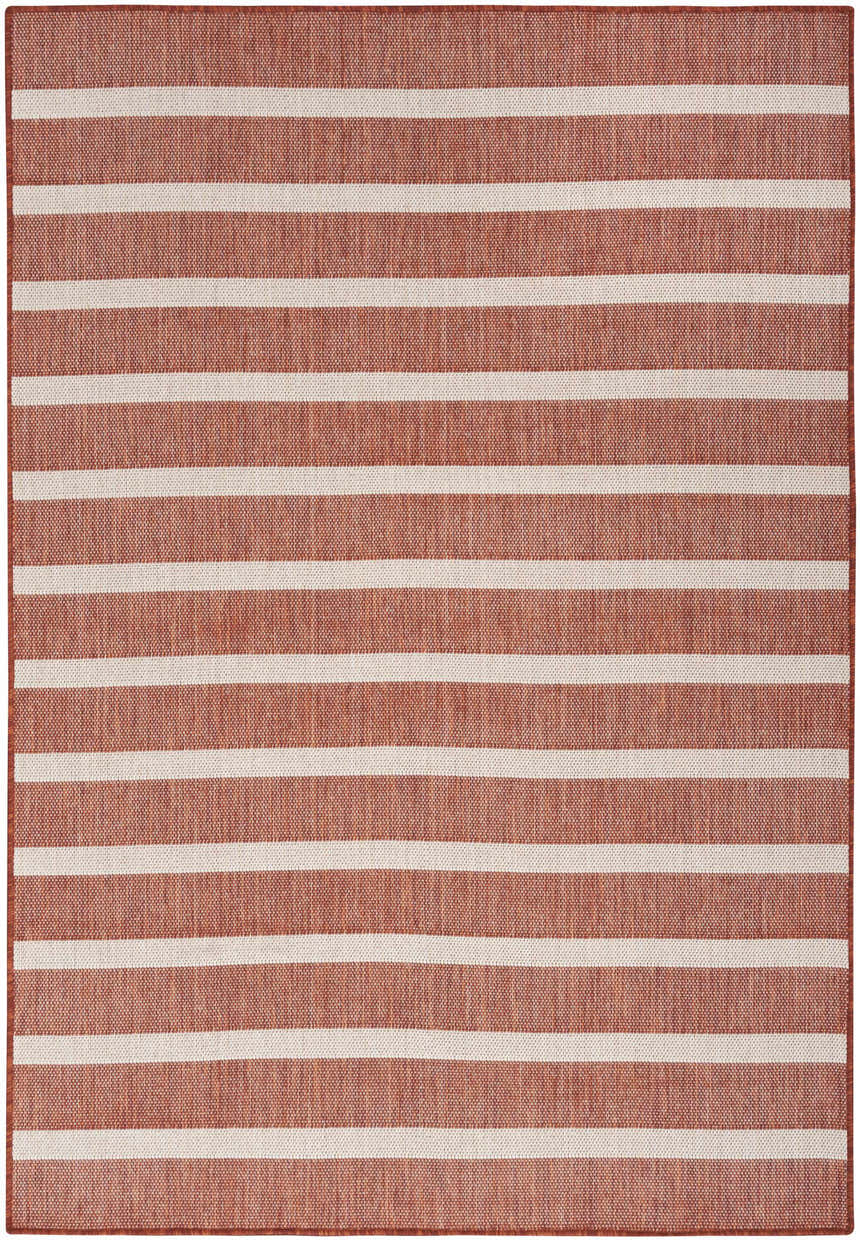 Close-up of a Nourison Positano Terracotta Ivory rug, featuring a modern striped pattern and woven texture.