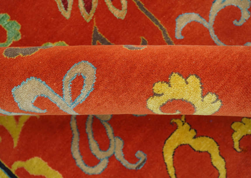 Modern Floral Orange 8x10 Hand Knotted wool Area Rug