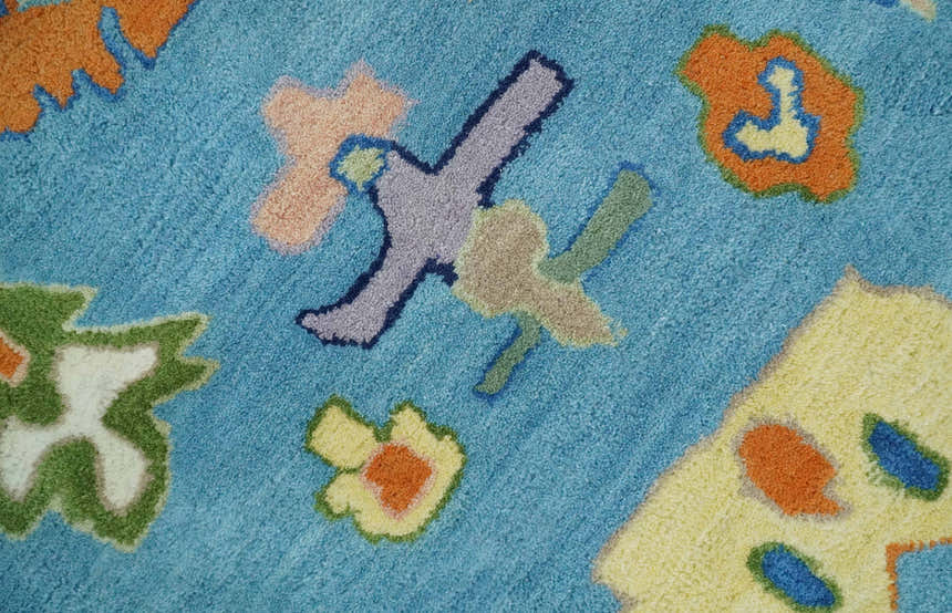 Hand Tufted Blue and Ivory Multi Size Modern Colorful Oushak Rug, Kids, Living Room and Bedroom Rug