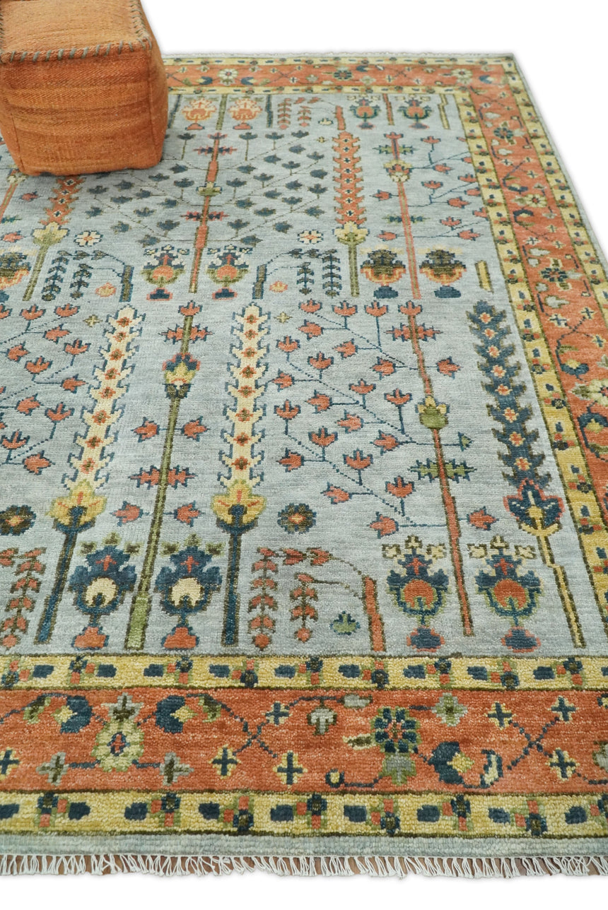Hand Knotted Rust and Blue Traditional Turkish Vintage Multi Size Wool Rug