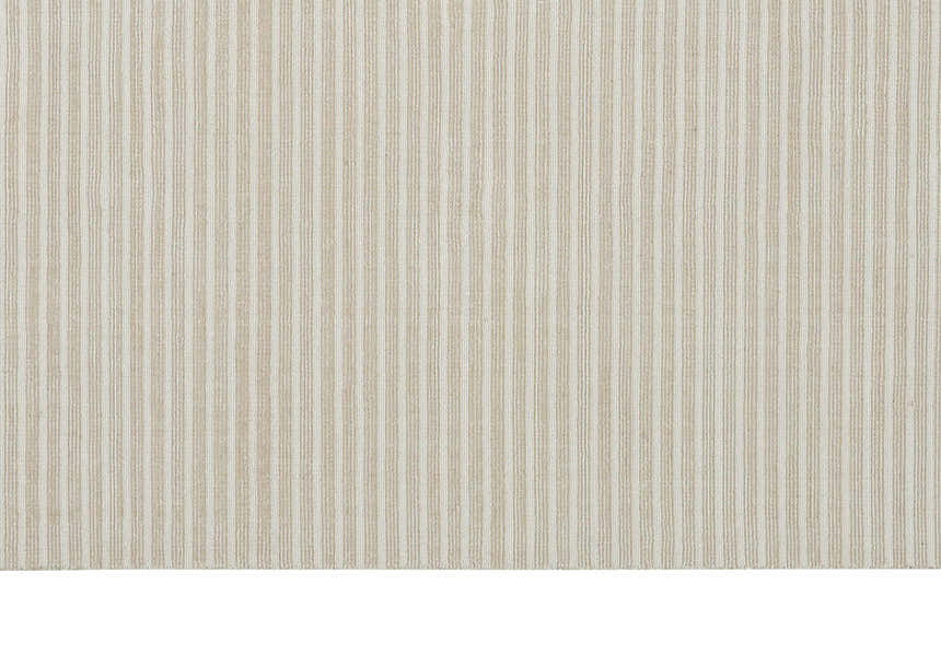 Close-up of Calvin Klein Newark Ivory rug showing chestnut stripes and subtle texture. Handmade polyester and cotton rug.
