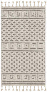Close-up of the Nourison Paxton Ivory/Grey rug. Features a geometric pattern and tassels. Mid-Century Modern style.
