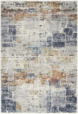 Close-up of Nourison Motion Blue Multicolor rug. Abstract design with blue, orange, and gray tones. Low pile texture.