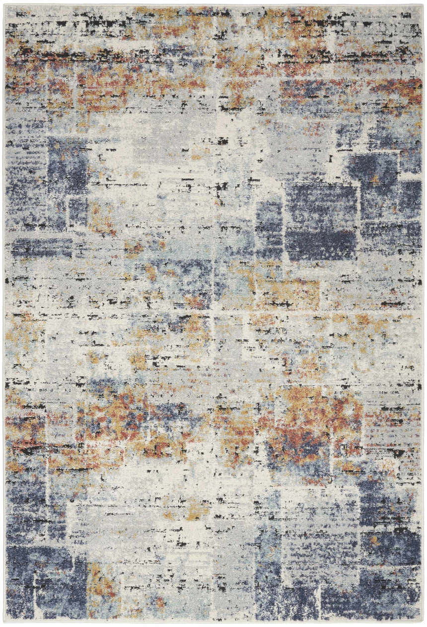 Close-up of Nourison Motion Blue Multicolor rug. Abstract design with blue, orange, and gray tones. Low pile texture.