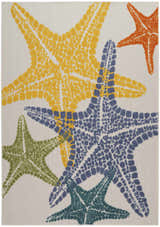Close-up of Nourison Aloha Multicolor Coastal Rug featuring yellow, blue, green & orange starfish on a neutral background.