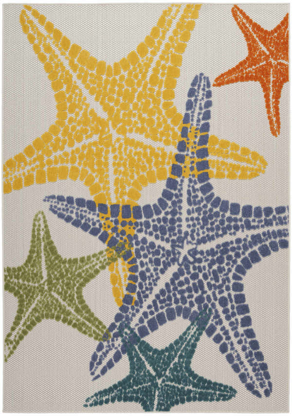 Close-up of Nourison Aloha Multicolor Coastal Rug featuring yellow, blue, green & orange starfish on a neutral background.