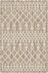 Close-up of the Nourison Positano Beige Area Rug. Features a diamond pattern and textured weave in neutral beige and brown tones.