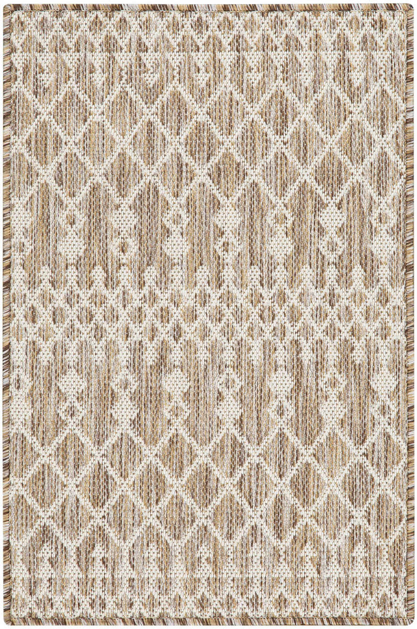 Close-up of the Nourison Positano Beige Area Rug. Features a diamond pattern and textured weave in neutral beige and brown tones.