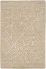 Close-up of the Calvin Klein CK044 Wander Natural rug. Wool and rayon blend with a raised, abstract geometric pattern.