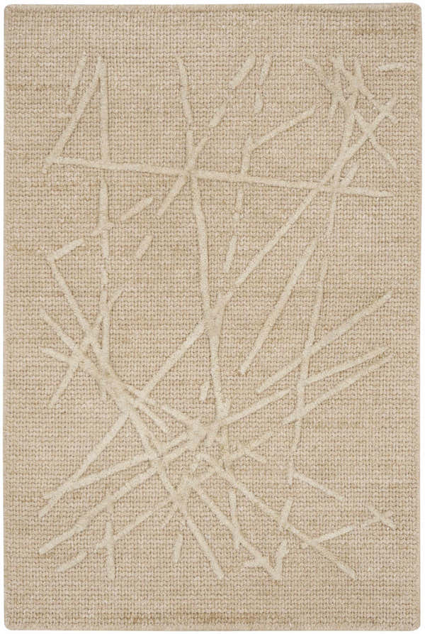 Close-up of the Calvin Klein CK044 Wander Natural rug. Wool and rayon blend with a raised, abstract geometric pattern.