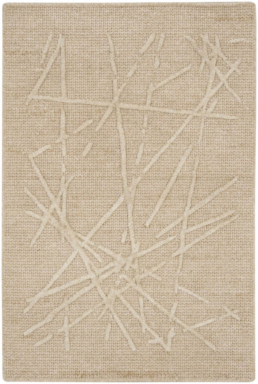 Close-up of the Calvin Klein CK044 Wander Natural rug. Wool and rayon blend with a raised, abstract geometric pattern.