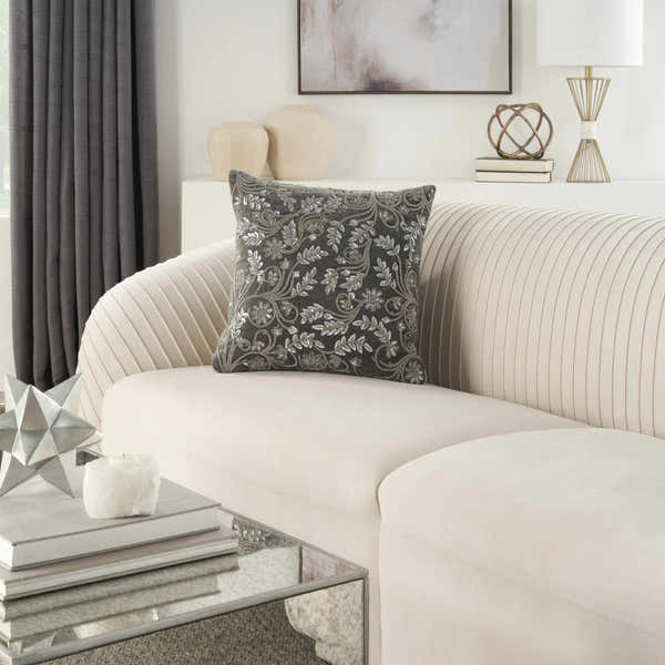 Mina Victory Sofia Beaded Flowers Grey Indoor Throw Pillow