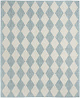 Close-up of Nourison Positano Aqua Modern Area Rug featuring a diamond pattern in aqua and off-white.