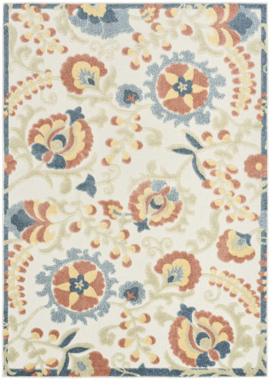 Close-up of Nourison Aloha Grey Multicolor Area Rug. Farmhouse style floral pattern in gray, yellow, and coral.