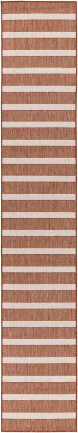 Close-up of Nourison Positano Terracotta Ivory rug featuring a striped pattern and woven texture.