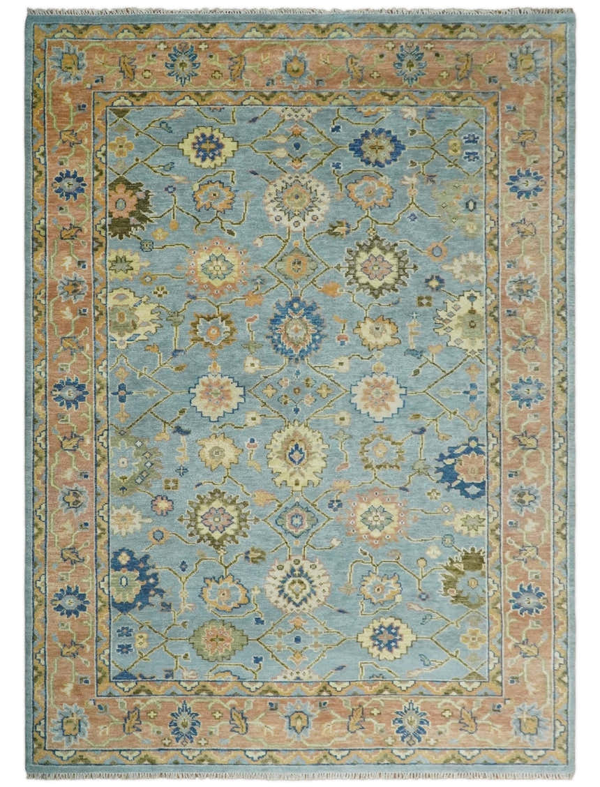 Blue and Rust Antique Traditional Oushak Area Rug
