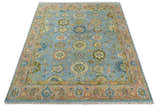Ready to Ship Hand Knotted Blue and Rust Modern Oushak Area Rug
