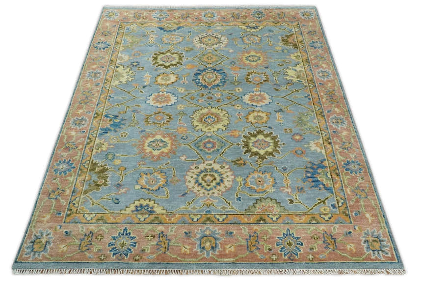Blue and Rust Antique Traditional Oushak Area Rug