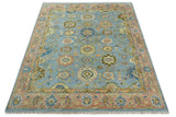 Blue and Rust Antique Traditional Oushak Area Rug