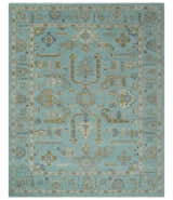 Custom Made Blue, Brown and Ivory Hand knotted Traditional Oushak Wool Rug