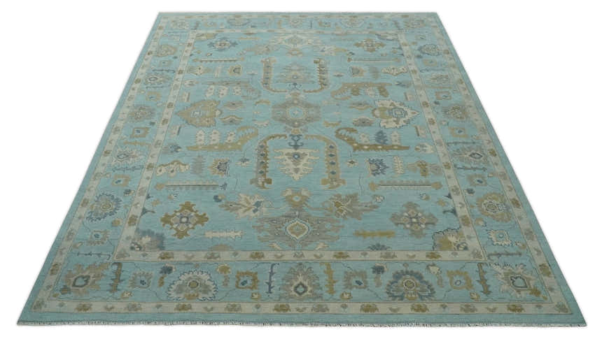 Custom Made Blue, Brown and Ivory Hand knotted Traditional Oushak Wool Rug