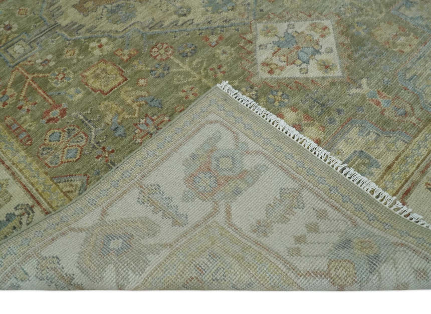 Antique Look Hand Knotted Medallion Olive and Ivory Vintage Style Wool Rug