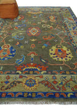 Olive and Blue Vibrant Colorful Traditional Oushak Multi Size wool Area Rug