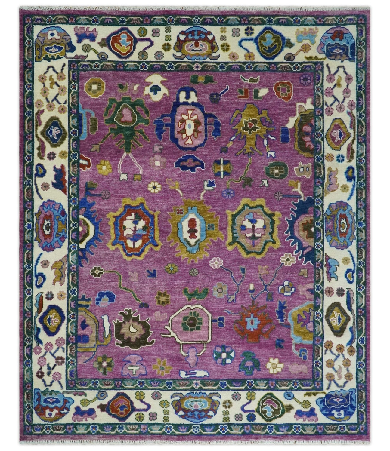 Purple And Ivory Hand knotted Modern Oushak Wool Area Rug