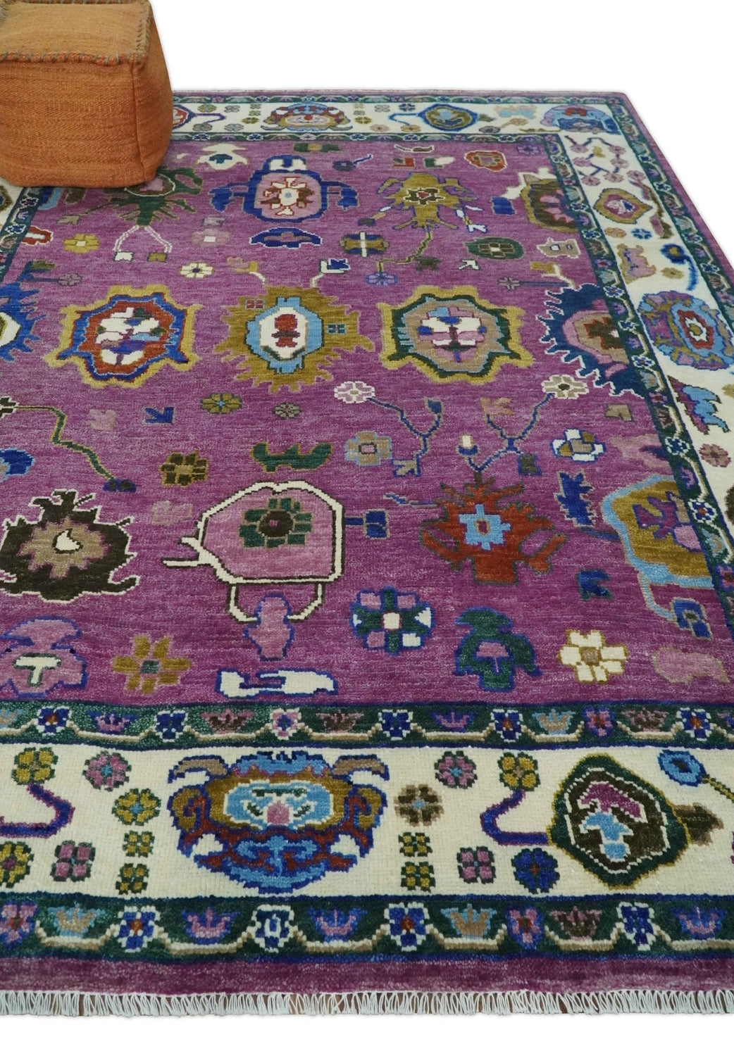 Purple And Ivory Hand knotted Modern Oushak Wool Area Rug