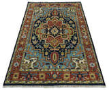 Custom Made Blue and Rust Hand Knotted Wool Antique Style Wool Area Rug