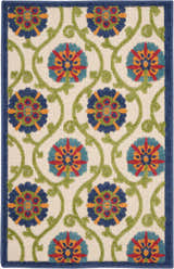 Close-up of Nourison Aloha Blue Multicolor rug. Contemporary floral pattern with blue, red, orange, and green on a cream background.