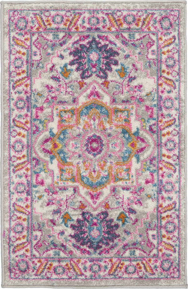 Close-up of the Nourison Passion Light Grey Pink Bohemian Indoor Area Rug with floral and geometric patterns.
