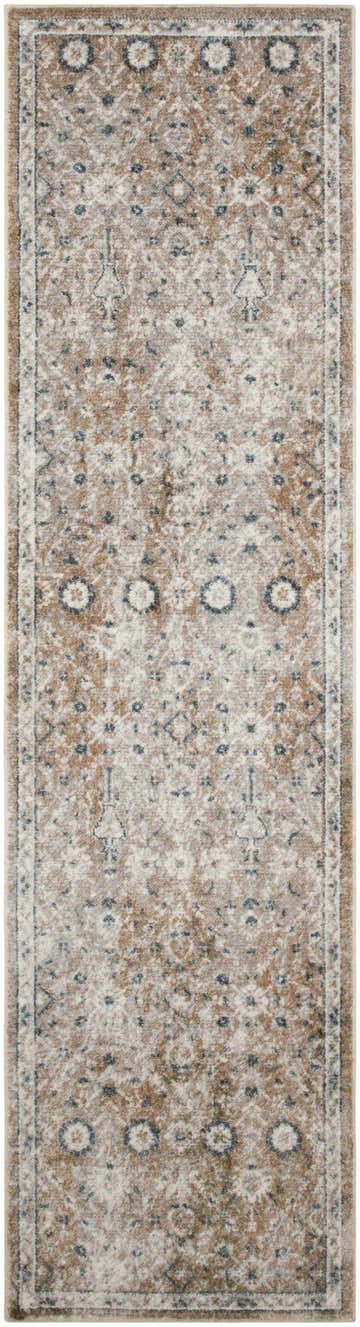 Close-up of Nourison Astra Gold Grey Vintage Rug. Machine-made runner with gold, gray, and blue floral and geometric pattern.