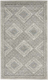 Close-up of Nourison Quarry Grey Ivory Blue Southwestern rug; diamond pattern with chestnut accents.