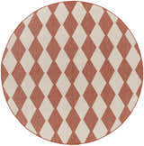 Close-up of round Nourison Positano Terracotta rug with a burnt orange and cream diamond pattern.