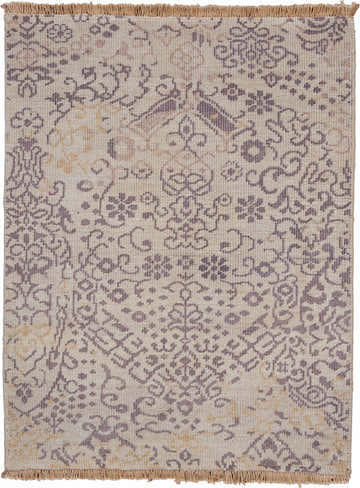 Close-up of the Nourison Aldora Opal Rug. Vintage style with bamboo silk-like fibers, floral and geometric pattern in opal tones.