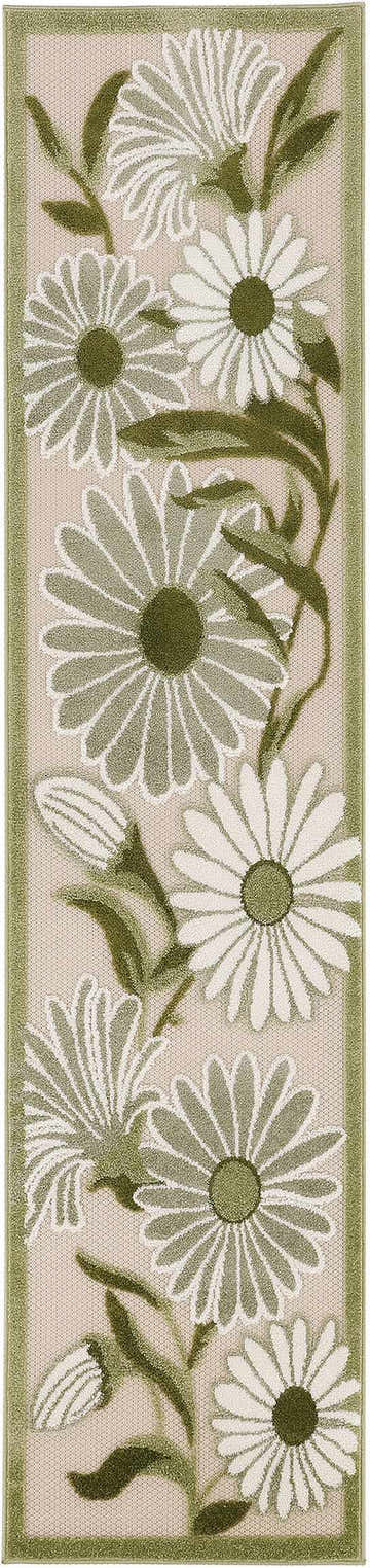 Close-up of Nourison Aloha Ivory Green Outdoor Area Rug with floral pattern and green border.