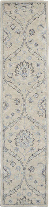 Close-up of Nourison Jazmine Ivory/Blue Persian rug runner. Handmade wool rug with floral and vine pattern.