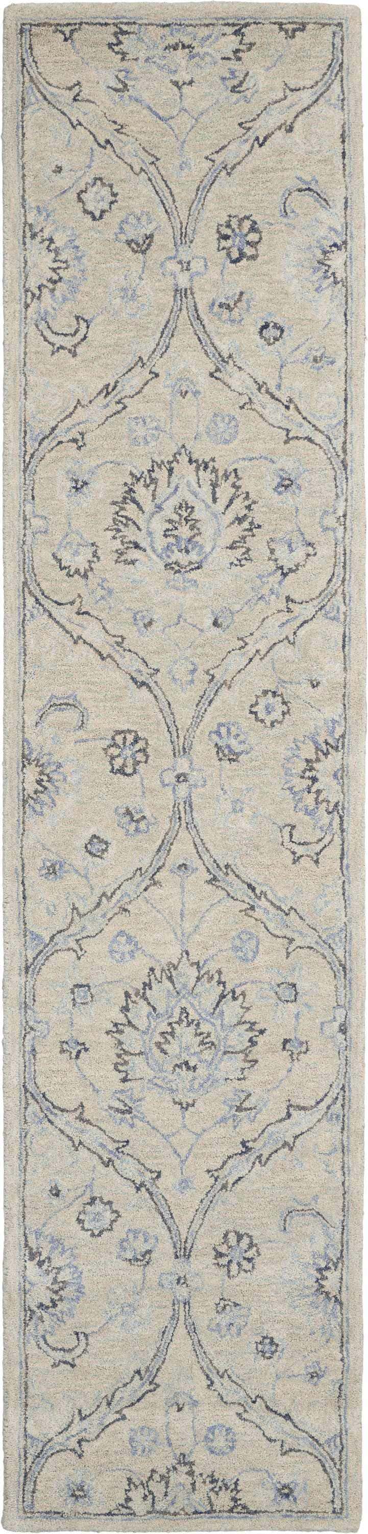 Close-up of Nourison Jazmine Ivory/Blue Persian rug runner. Handmade wool rug with floral and vine pattern.
